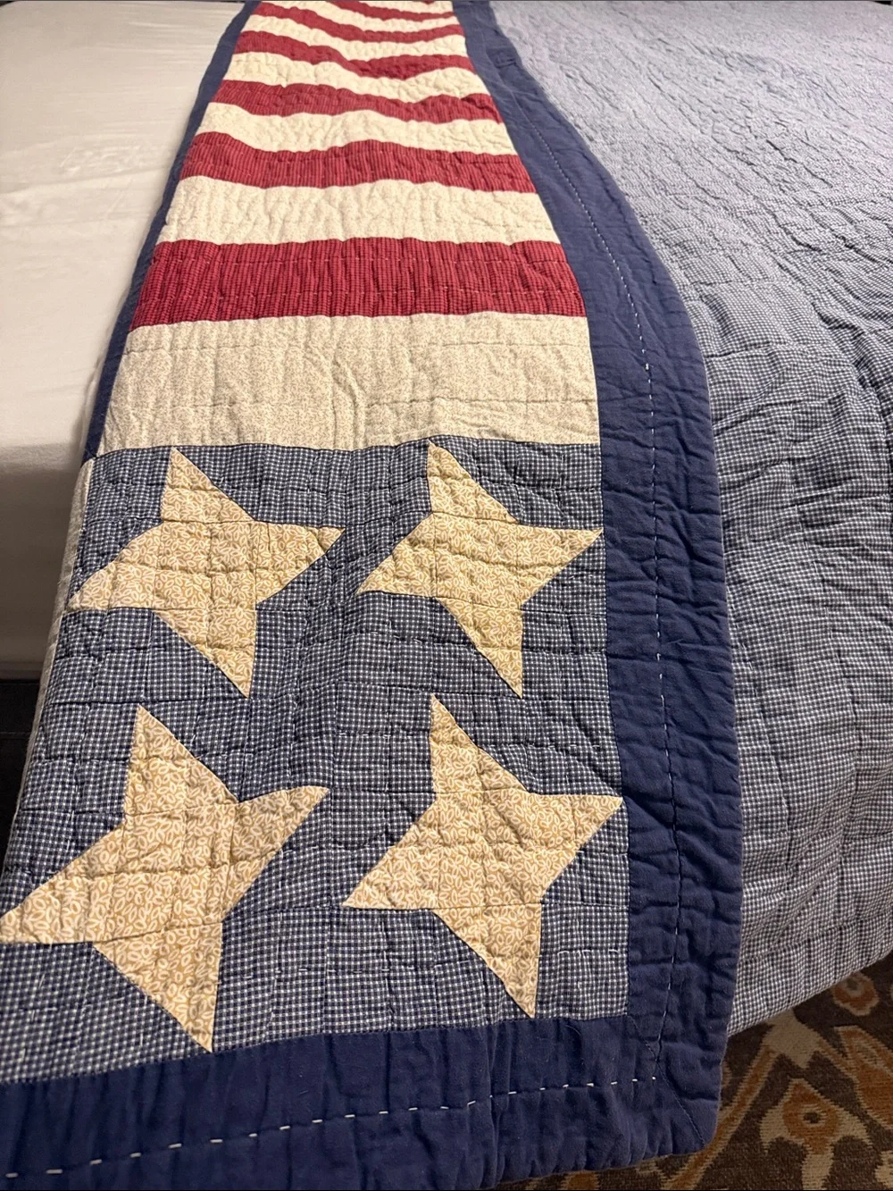 Patriotic Hand Stitched Teddy Bear Quilt in Blue & Red - Double Sided - King